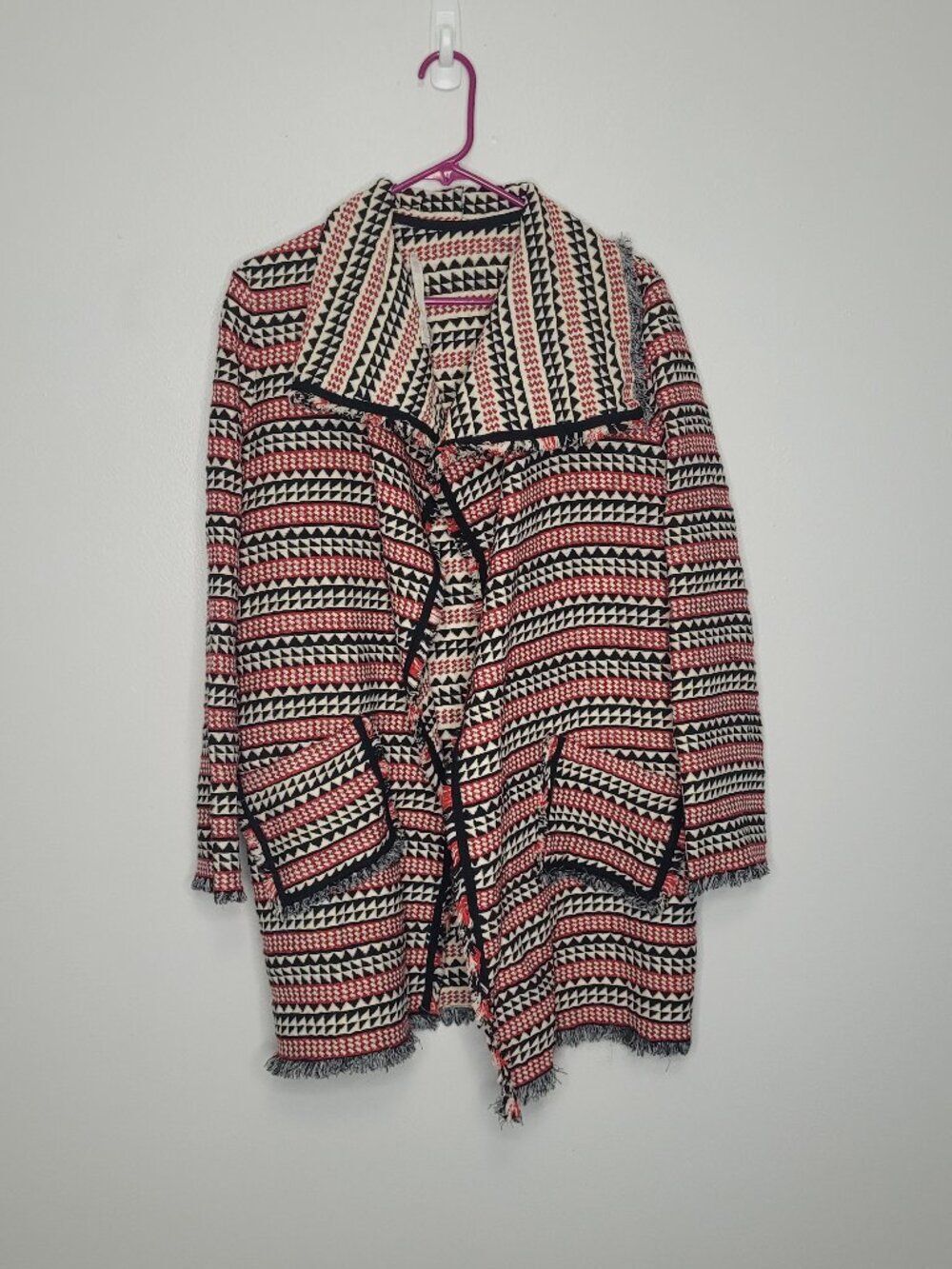 Chelsea & Violet cream black red open front geometric aztec boho cardigan jacket